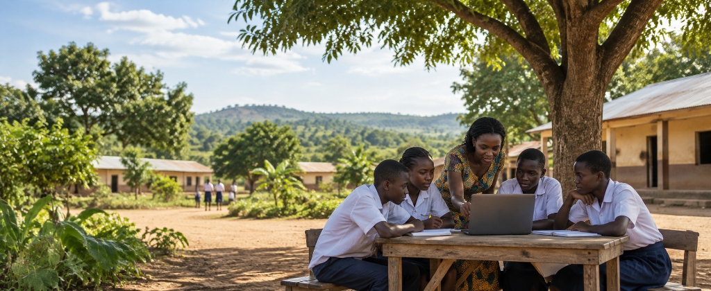 Rural school and digital session under the tree in Agbélouvé, Togo